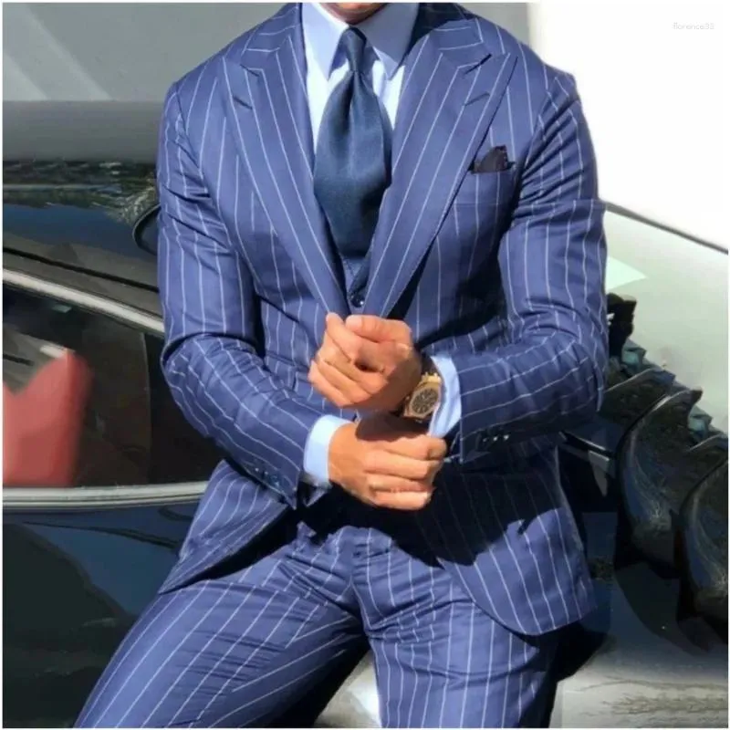 Men's Suits Blue Stripe 3 Pieces Wedding Groomsman Dress Peaked Lapel Tuxedos Formal Suit For Male Tailor Blazer Vest Pants