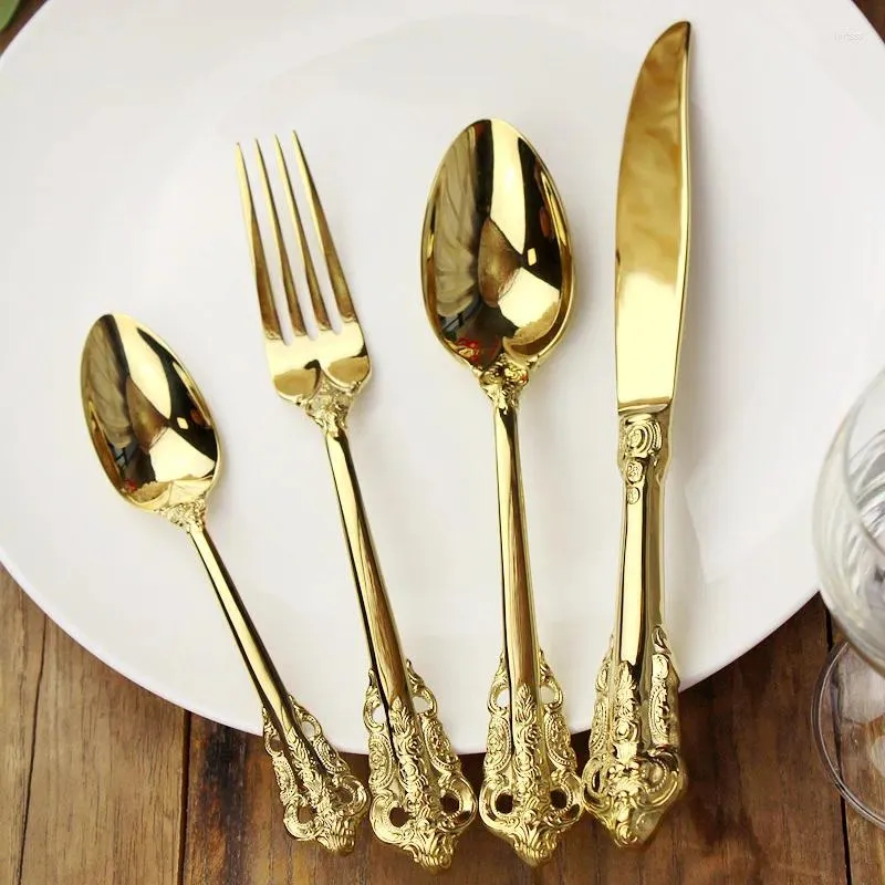 Forks Western Cutlery Knife Spoon Full Full European Style Gold 304 Ensemble de steak de ménage en acier inoxydable