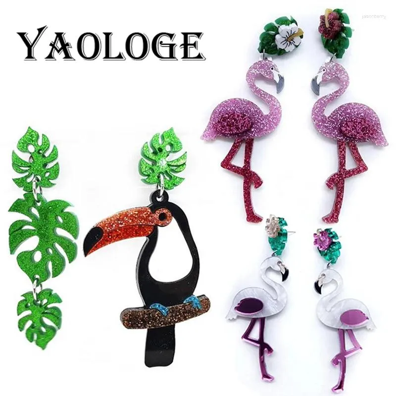 Pendientes colgantes yaologe 1pc personalizado exagerado flamenco acrílico loro grande big billed bird animal joyería