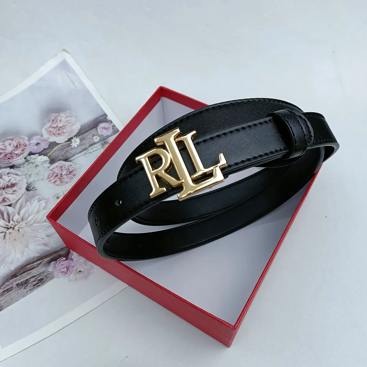 Ralph Lauren Black Genuine Leather Belt with Gold RL Accent Leather belt Lauren Ralph Lauren Black size S International  main image 2