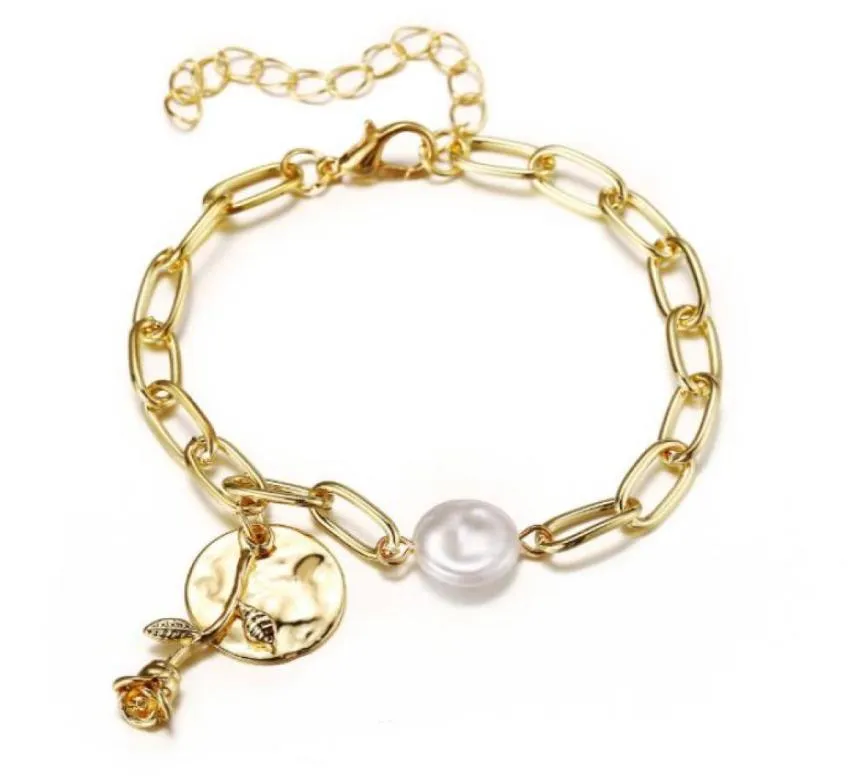 Perls de perles de cercle rétro vintage Bracelets de fleurs de rose charme chaîne en métal Gold Chains Bangles pour femmes bijoux de mode ACC3251307