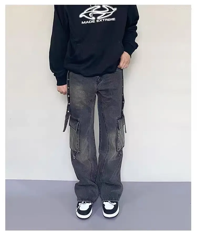Mens Straight Leg Jeans, Low Rise Washed 90s Streetwear Wide Leg