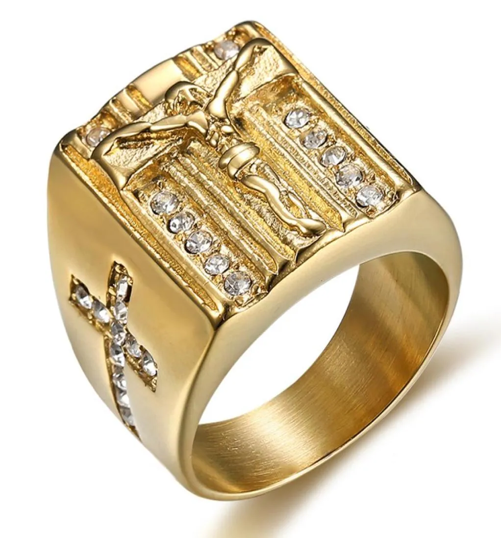 Top qualidade 3d Cristo Jesus Jesus Anel cruzado aço inoxidável masculino de moda rings ringos de dedo bling Hip Hop Ring Us Tamanho 6159564815