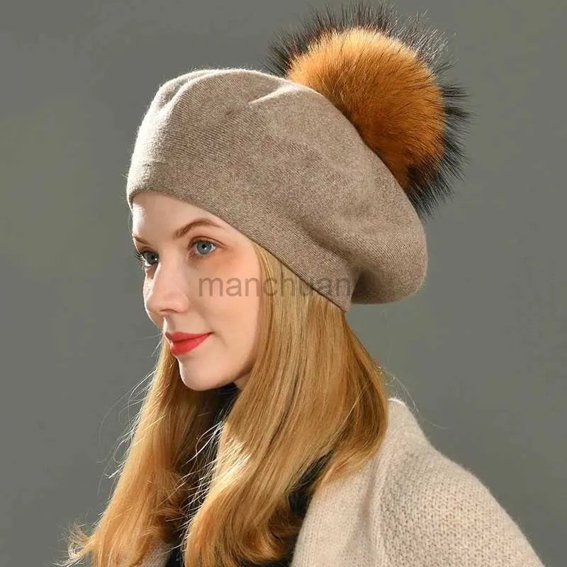 Berets Jaxmonoy Winter Femme Beret Women Hat Big Real Raccoon Fur Pompom Beret Wool Cashmere Natural Fur Ball Fashion Beret Cap Femme D24417