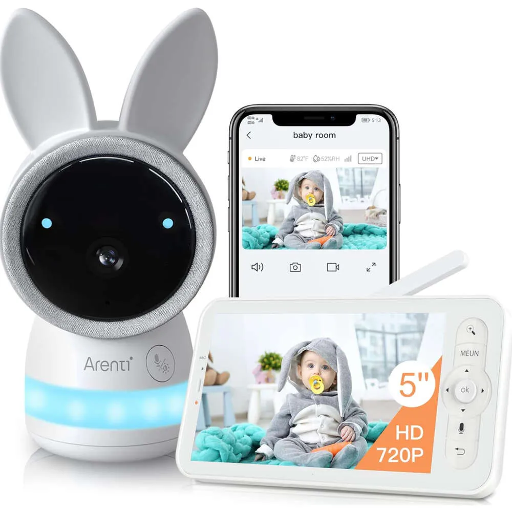 Arenti Video Babypitor mit 2K Ultra HD -Kamera, Nachtsicht, Schlaflieder, Cry -Erkennung, Bewegungserkennung, Temperaturfeuchtigkeitssensor, 5 "Farbdisplay, WLAN aktiviert