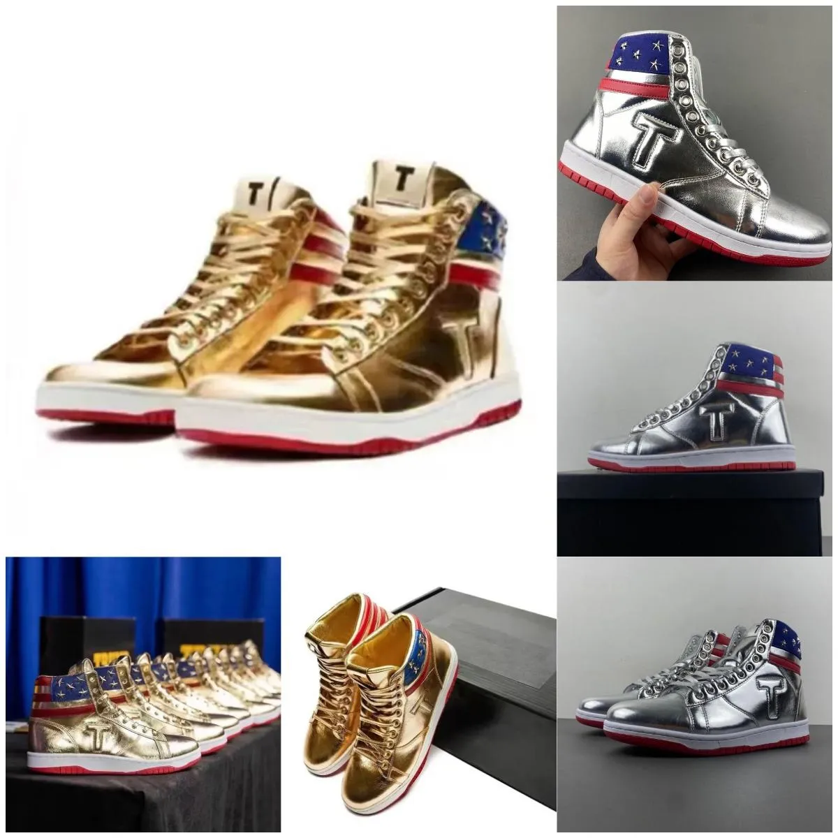 2024 New T Trump Sneakers Casual Shoes The Never Surrender High-Tops Donald Trump Gold Silver Patent Leather Custom Men Sneaker Comfort Sport Trendy Lace-Up Outdoor