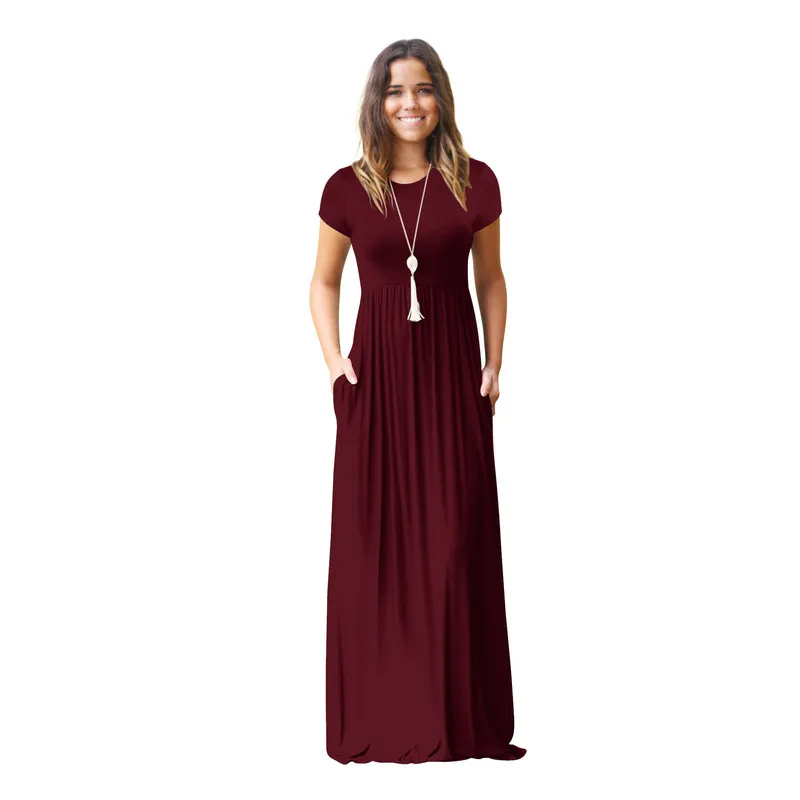 Elegant Solid Color Long Cotton Maxi Dress with Empire Crew Neckline, Ankle Length, Pleated S 2XL Casual Style for Women's Summer Wear