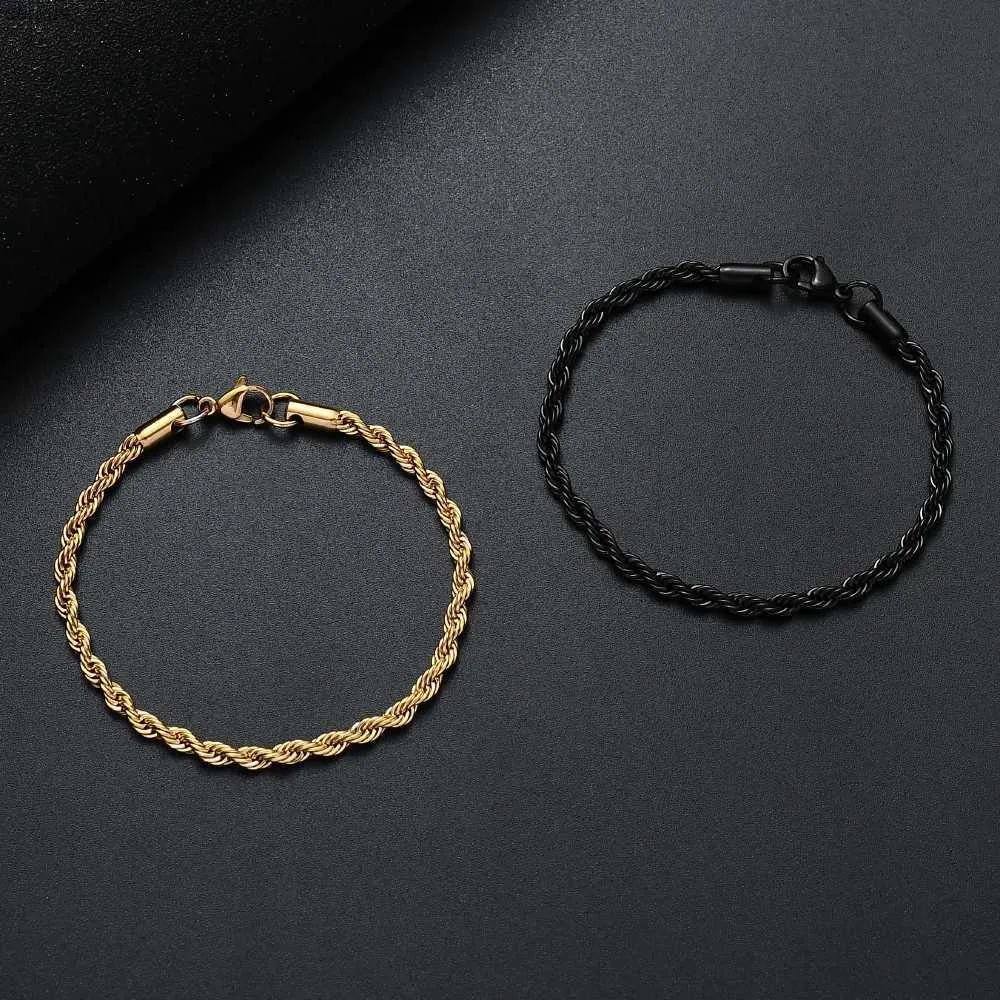 Bangle Wholesale Price 316L Stainless Steel Golden Black Twisted Rope Chain Bracelet For Men and Women Fashion Gift JewelryL240417