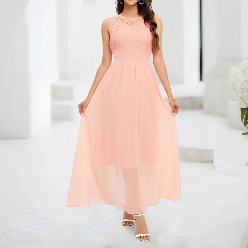 Lässige Kleider Frauen Spitzenkleid elegant länge ärmellose Chiffon Brautjungfer Cocktailparty gegen Neck kurz