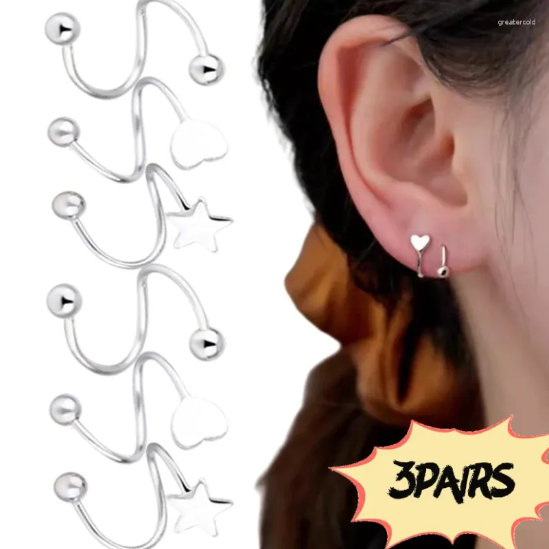 Boucles d'oreilles étalon 3 paires vis en acier inoxydable Spirale étoile en forme de coeur en forme d'oreille sphérique pour les femmes cadeaux tendance exquis