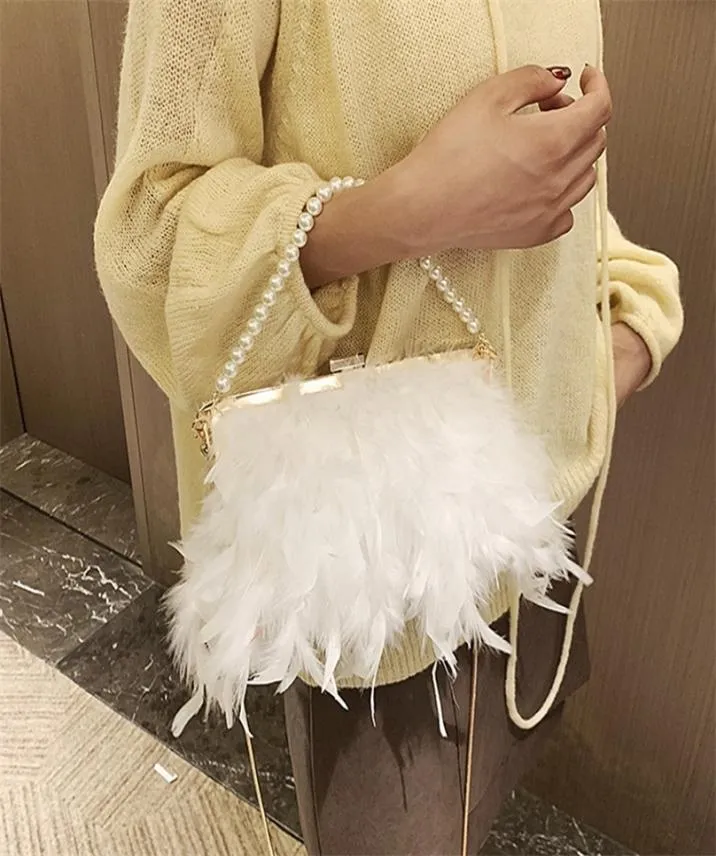 White Feather Handbag Women039S Evening Clutch Bag Exquisite Pearl Chain Wedding Bridal Shoulder Bag Party Bankett Tote ZD1542 2051474