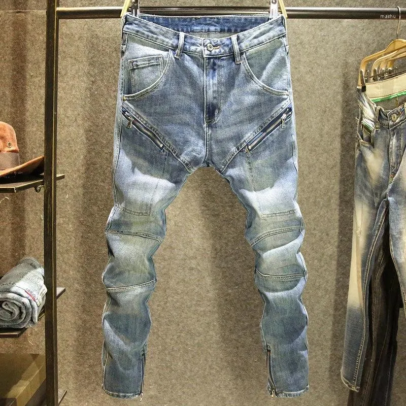Męskie dżinsy 2024 Wiosna i jesień moda niebieskie patchwork dżinsowe spodnie swobodny, niewielki, wydychający wysokiej jakości 28-36