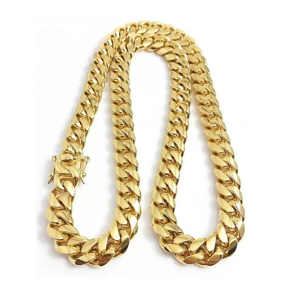 316l Stainless Steel Jewelry 18k Gold Plated High Polished Miami Cuban Link Necklace Men Punk 15mm Curb Chain Double Safety Clasp 18inch-30inch 2BBH IBO5 T37H