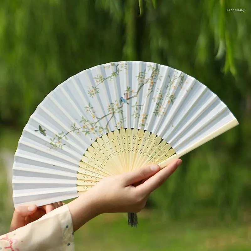 Dekorative Figuren Vintage Seidenklapper Fan Chinesische Blume gedruckte Tanzkunsthandwerksgeschenk Antiquitäten Bambus Holz Hand Home Dekoration