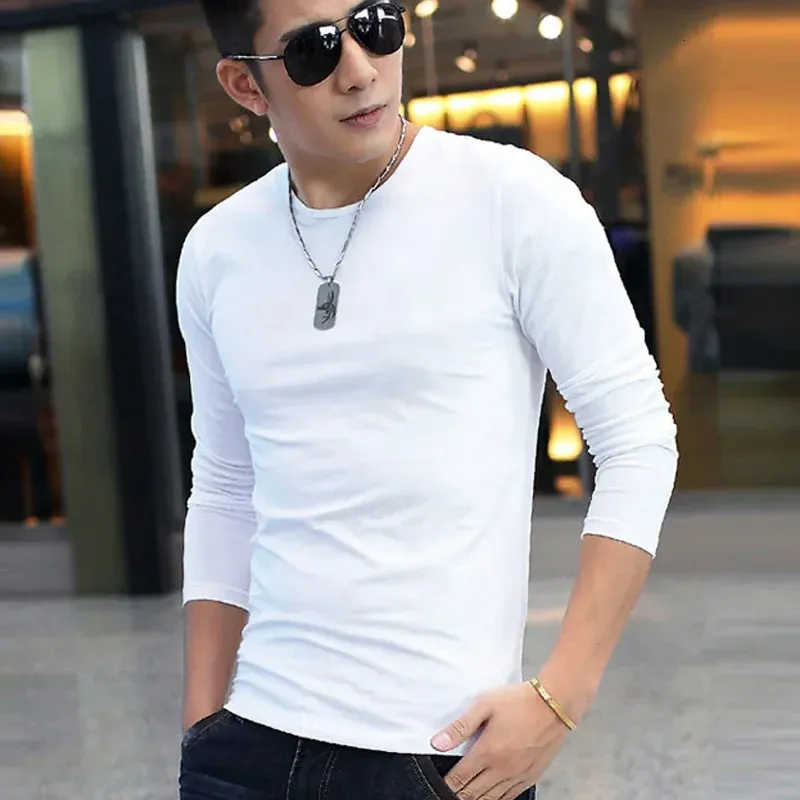 Mens T-shirt Solid Long-sleeved Solid Bottoming Shirt Slim O-neck Smooth Loose Autumn White Black Oversize Casual Full 240412