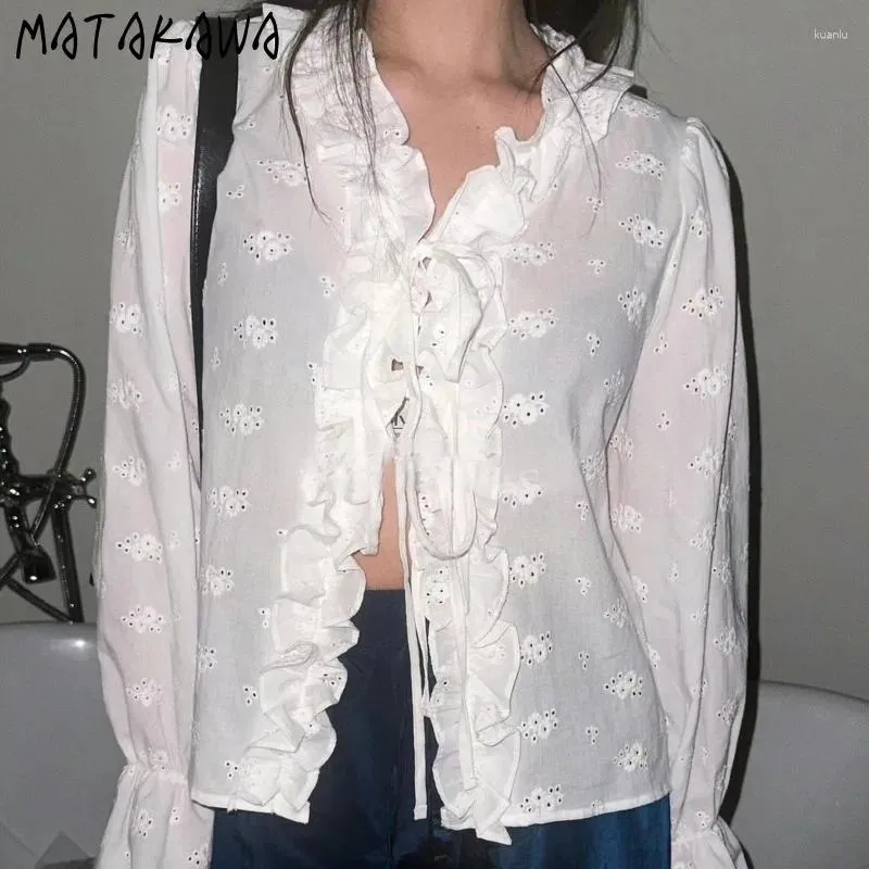 Bluzki damskie Matakawa Kobiety koszulki Warzanie marszczeniem rękawów y2k wiosna letnia blusas mejr koreańska moda koronkowa w stylu vintage camisas