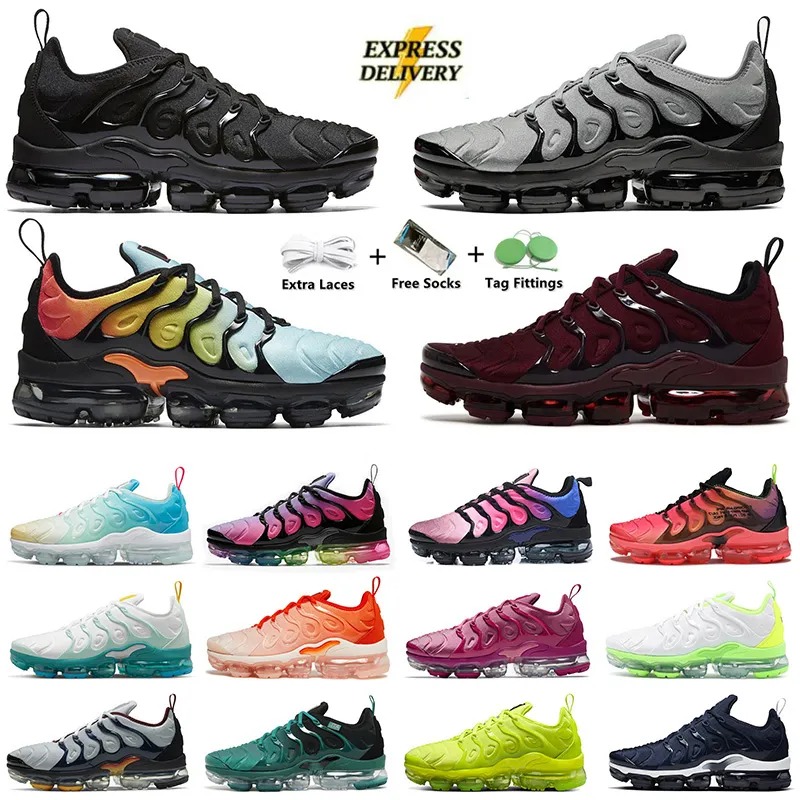 2024 Toppkvalitet TN Plus Running Shoes Classic TNS TRIPE Black White Cool Gray Night Maroon Jogging Atlanta Volt Blue Sneakers Sport Outdoor Mens Womens Big Size 13