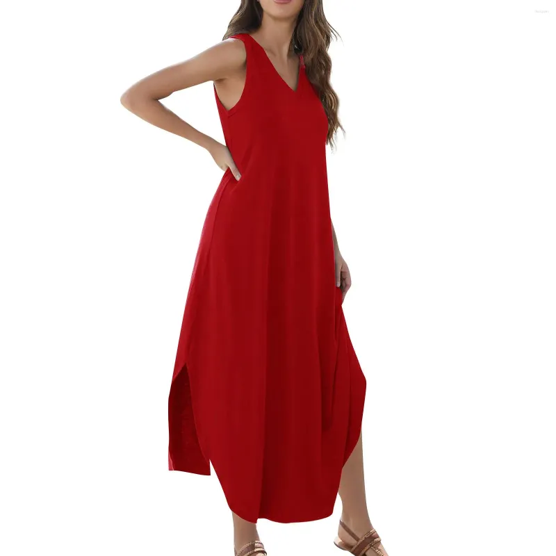 Casual Dresses Women's 2024 Summer Loose Sundress Long Dress Solid Color Sleeveless V Neck Split Tshirt Maxi Fashionabla