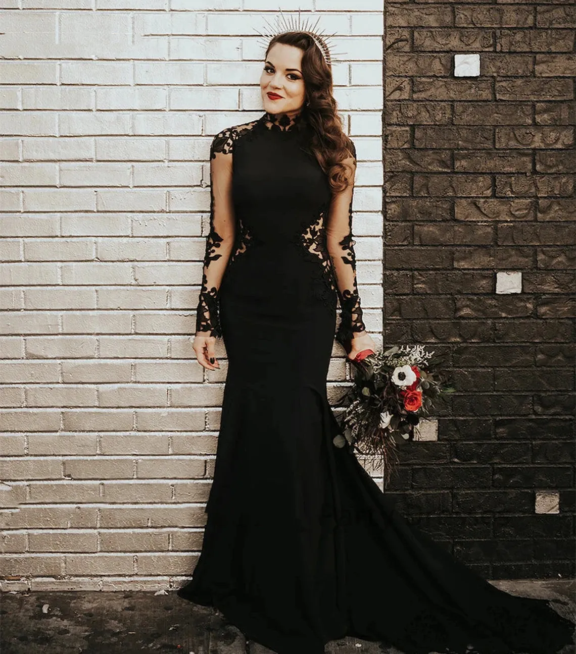 Vintage Gothic Black mermaid Gothic wedding dresses with Backless Design, Long Sleeves, Satin Fabric, and Lace Appliques