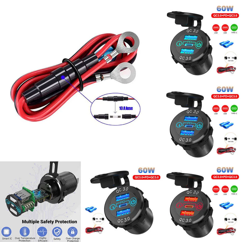 NUOVO 60W 12V/24V USB C SCATORE SCOPE CONFERIZZA PD 18W QC3.0 con interruttore touch per moto per camper marino per auto