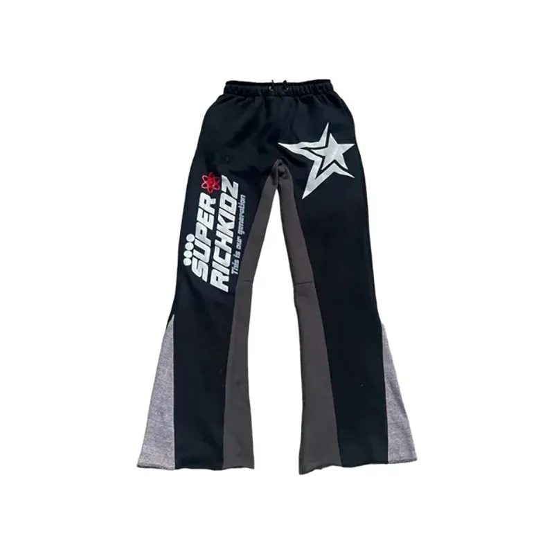 Y2K Trendy Sports Star Brevtryk High Street Hip Hop Mænds Sports Casual Hættetrøje Flared Sweatpants Todelt sæt_voghion.com