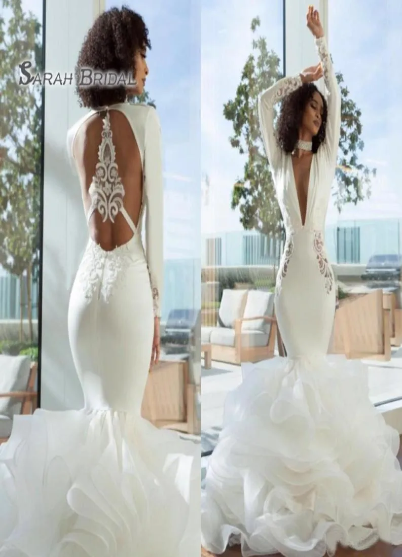 2019 Elegant Arabiska Dubai Mermaid Prom Dresses Sexig lång Deep V -hals Långärmar Tiered Organza Open Back Evening Wear Formal Gow4829471