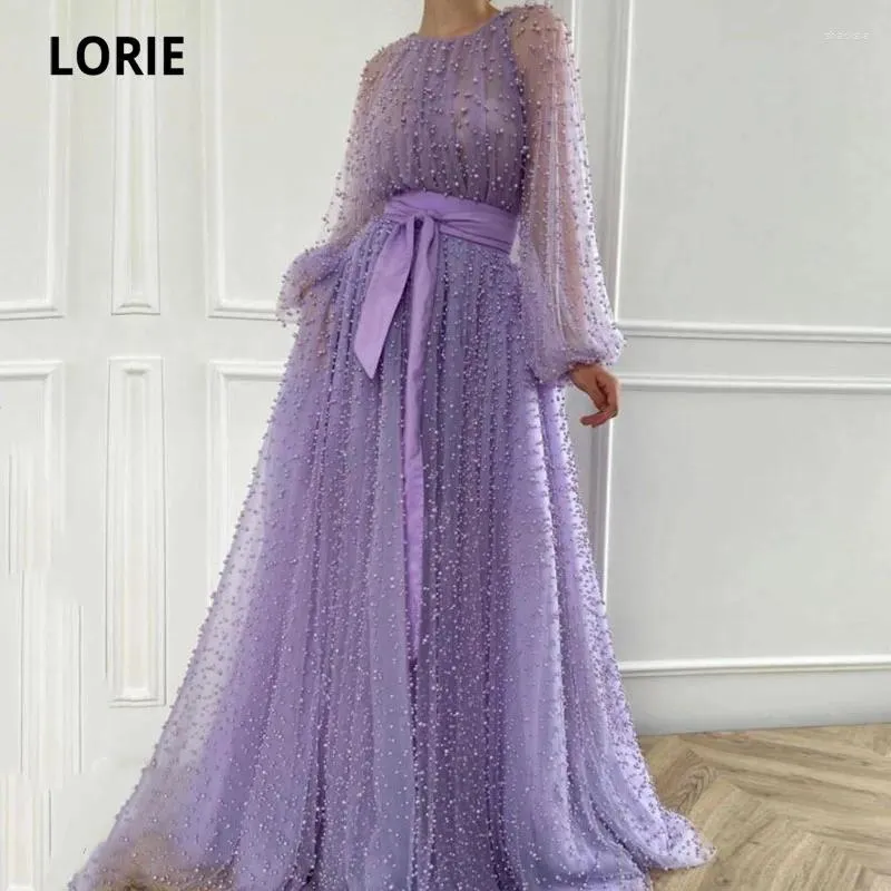 Party Dresses LORIE Luxury Dairy Prom Dress O-Neck Beaded With Pearls Puff Sleeves Purple For Graduation Celebrity Robe Fete Femme