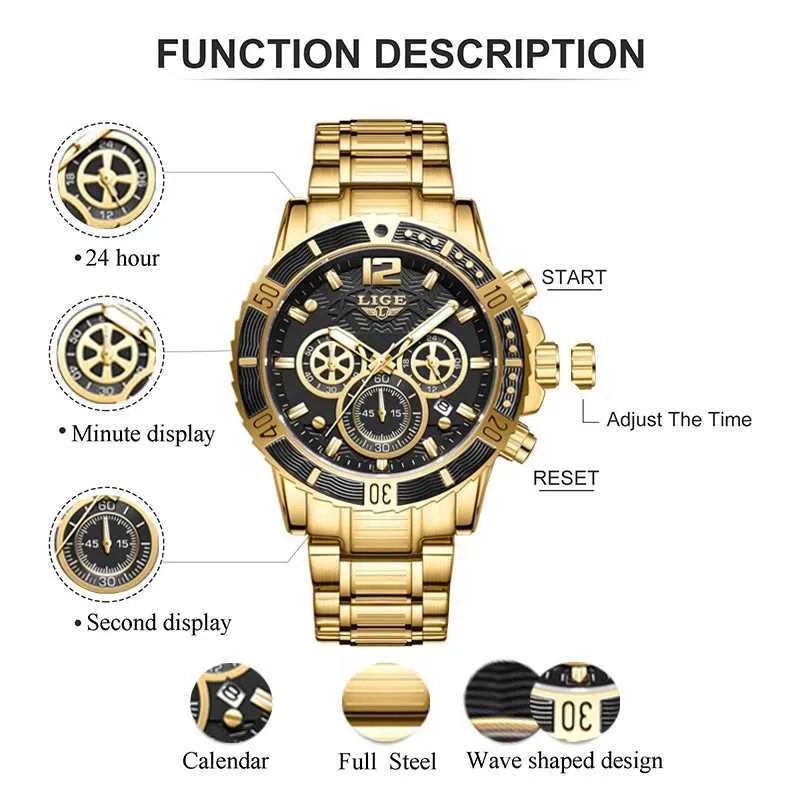78Sy zegarki na rękę LIGE MENS Watche Top Luksusowa marka Waterproof Sport Wrist zegarek Chronograph Quartz Wojskowe Pełne pełne stalowe relogio Masculino D240422