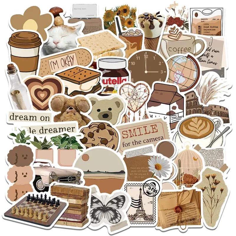 10/30/60PCS Vintage Brown Sticker Aesthetic PVC Laptop Sketchbook Children's Stationery Decoraction Scrapbooking School Supplies