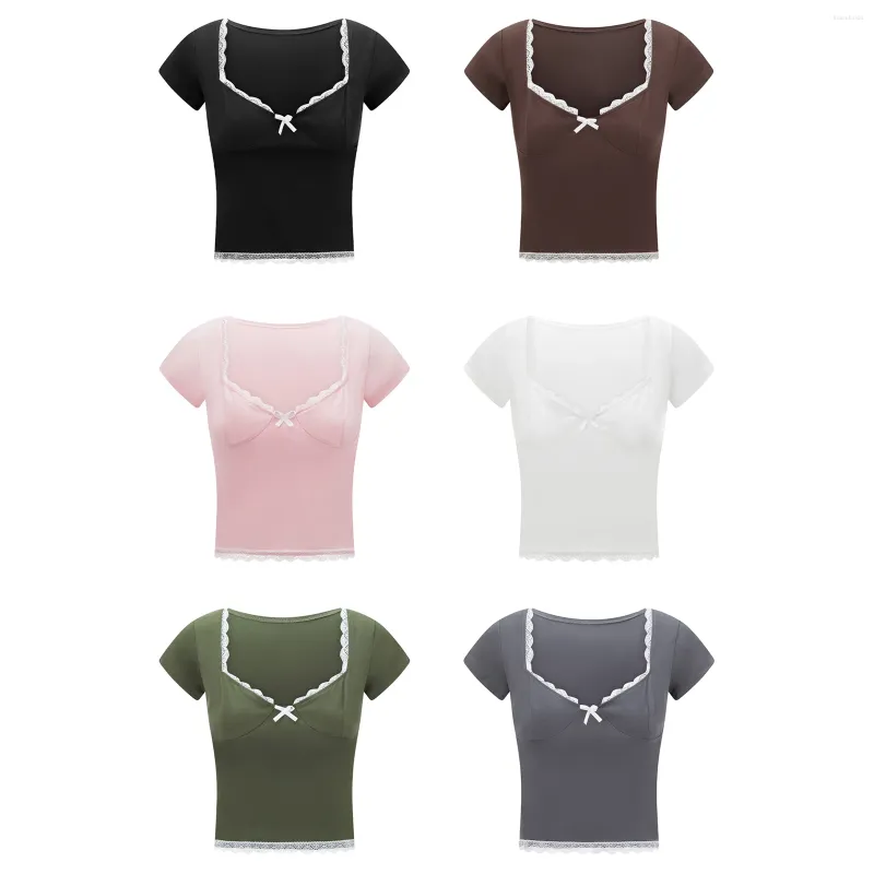 Camisetas femininas y2k renda de renda top lact women summer colar de colarinho curto camisetas coquette estética doce slim tops roupas