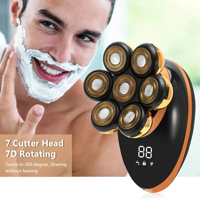 5 in 1 kit di rasoi a testa calva ricaricabile 7D per uomo Display LED USB Teste di rasoio elettrico Testa per capelli aurico