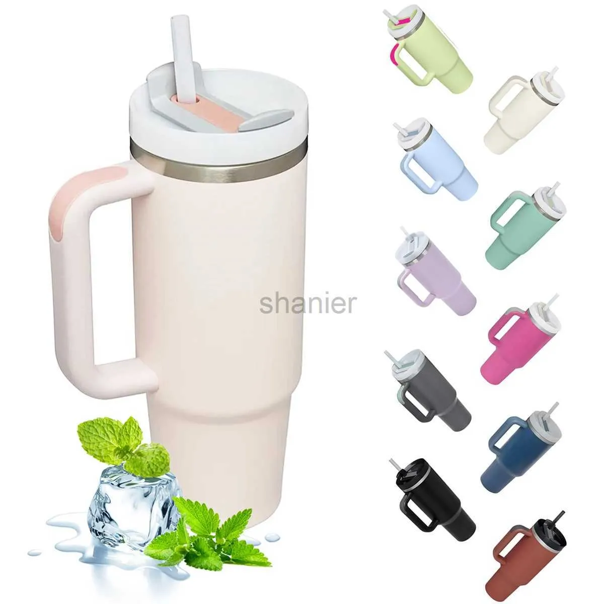 Mugs 40oz Tumbler With Handle And Straw Stainless Steel Insulated Cup Coffee Travel Mug Double-wall Vacuum Cup Water Bottle BPA-Free 240417