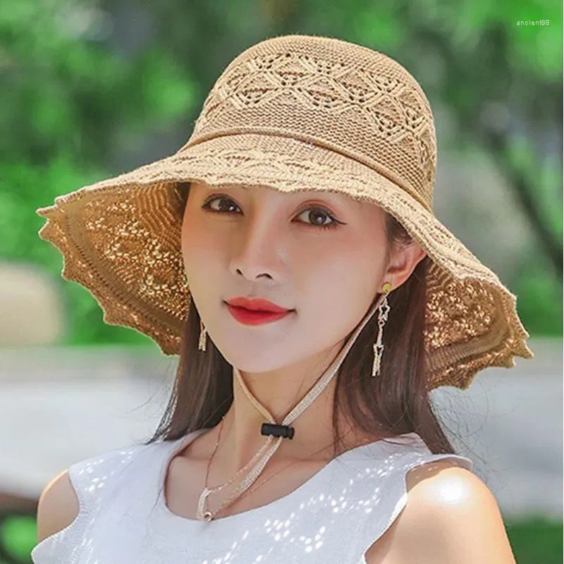 Chapéus largos da borda Moda feminina Chapéu de palha ao ar livre Sun Summer praia Protetor solar grande boné de compra de rua