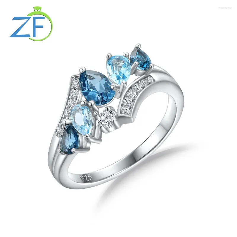 Pierścienie klastra GZ Zongfa oryginalna 925 Sterling Silve dla kobiet Natural Blue Topaz 1,5S Kamień Blask Prosty styl biżuterii