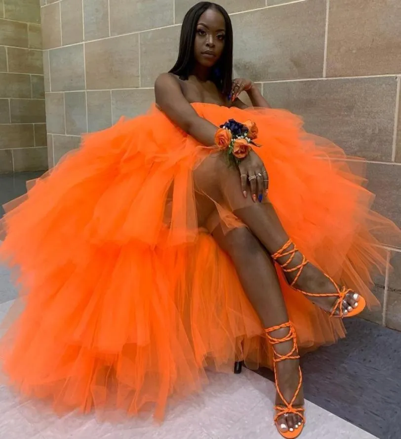 Pretty Orange Tulle Prom Dresses Tiered Ruffles Axelless Hi Lo skräddarsydda sexiga aftonklänningar Kvinnor Formell slitage5747692