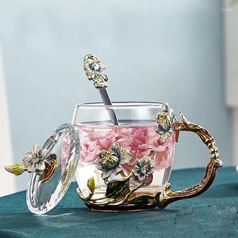 Wine Glasses Enamel Crystal Water Cup Glass Coffee Mug Drinkware Tea Spoon Set Office Home Creative Luxury Flower Painted Mugs Gift