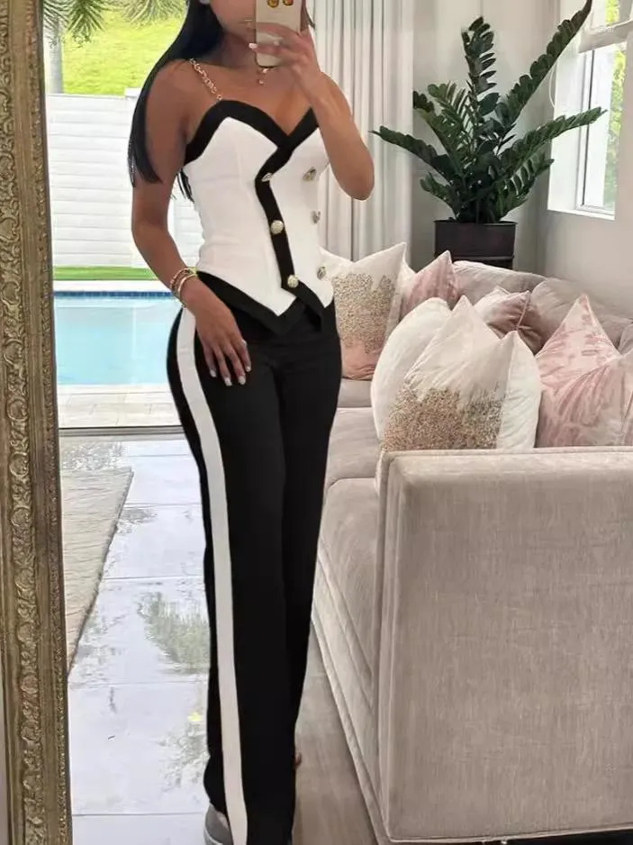 Womens Two Piece Pants Elegant Color Block Set Double Breasted Chain Strap Top Straight Leg Outfits Clothing From 22 41 DHgate