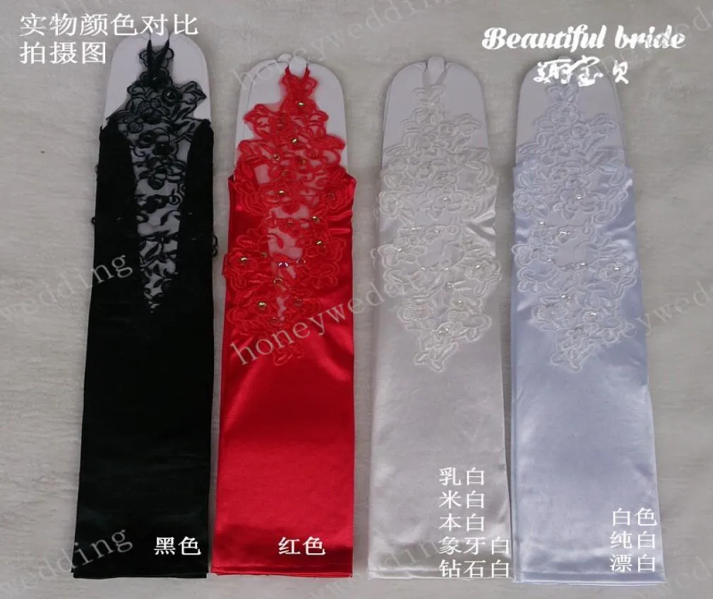 Die meisten inspirierten Hochzeitshandschuhe Satin -Spitzen -Pailletten Fingerlos auf Ellbogenlänge Brauthandschuhe Schwarz weiß Elfenbein rotes Braut Accessoires4002196