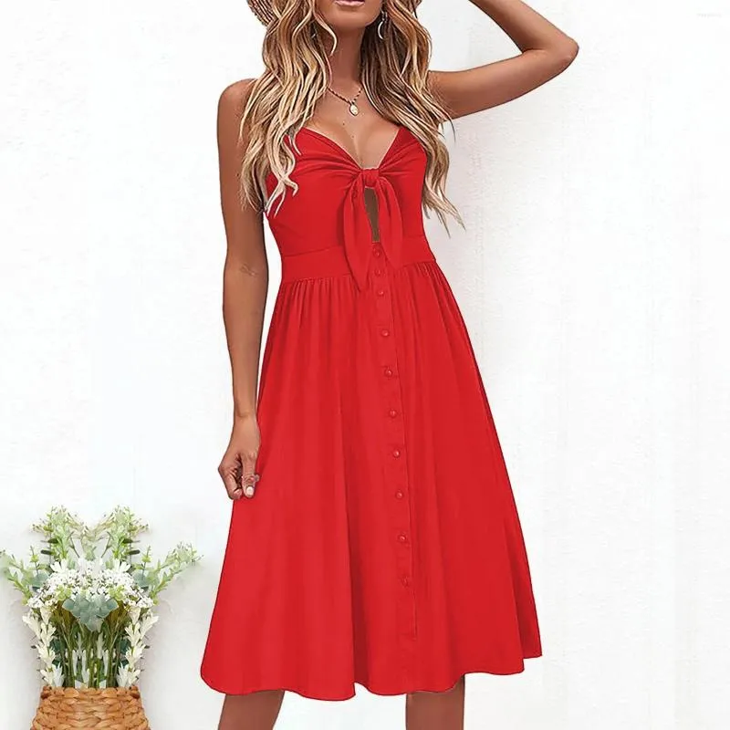 Casual Dresses Red Spaghetti Strap Button Dress Bow Backless Midi Vestidos Sexig Summer Women 2024Sundress Female Vintage