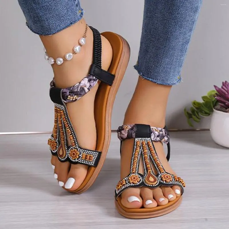 Sandales 2024 Summer Loisker Fashion Fashion Flat Bottom Open Open Toe Bohemian Beach Shoes Elastic Band élastique Sandalias Planas