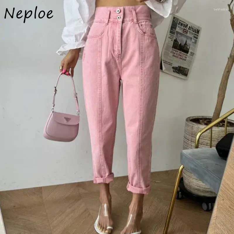 Frauen Jeans Neploe Retro vielseitig viel Taille Doppelknopftasche Design 2024 Frauen Sommer elegant lässige, solide, schlanke Denimhose