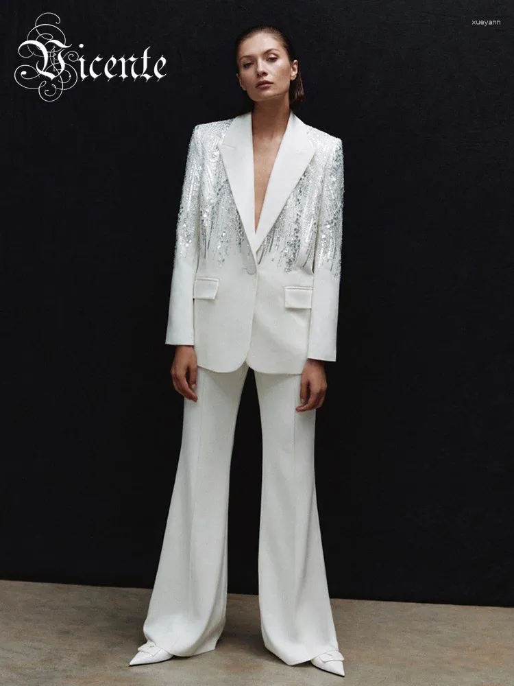 Women's Two Piece Pants VC White Pieces Set Women 2024 Spring Fashion High Streetwear Sequin Design Long Sleeves Blazer Coat Suit