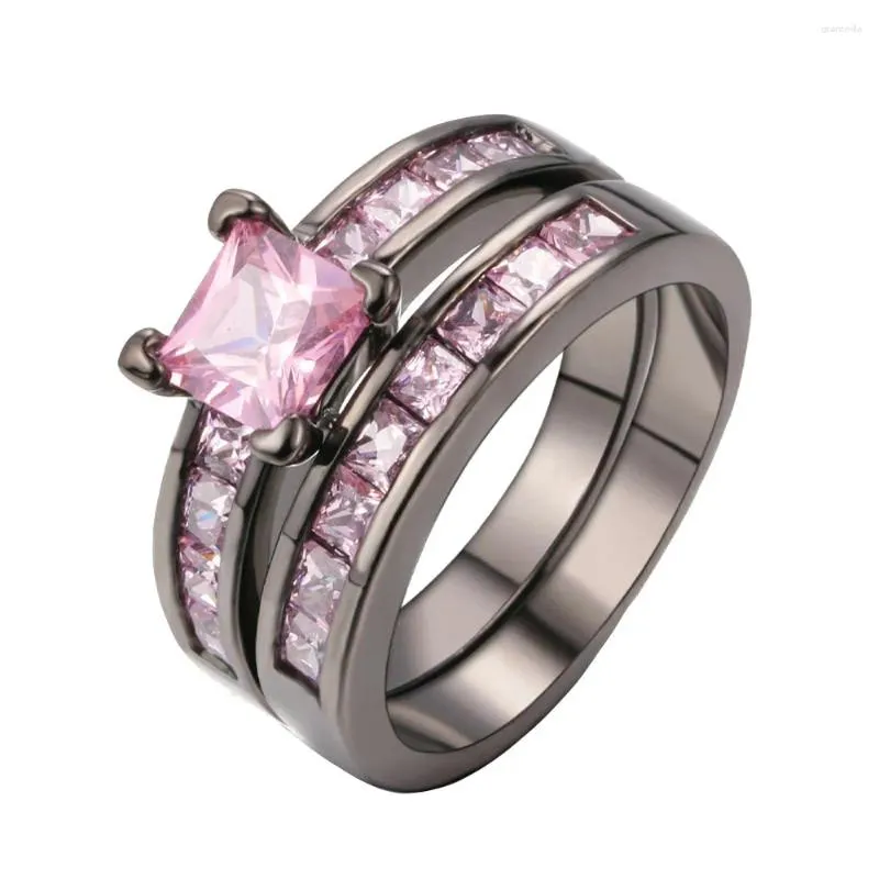 With Side Stones Huang Neeky #503 2024 2-in-1 Womens Vintage Pink Black Engagement Wedding Band Ring Set Gifts Elegant