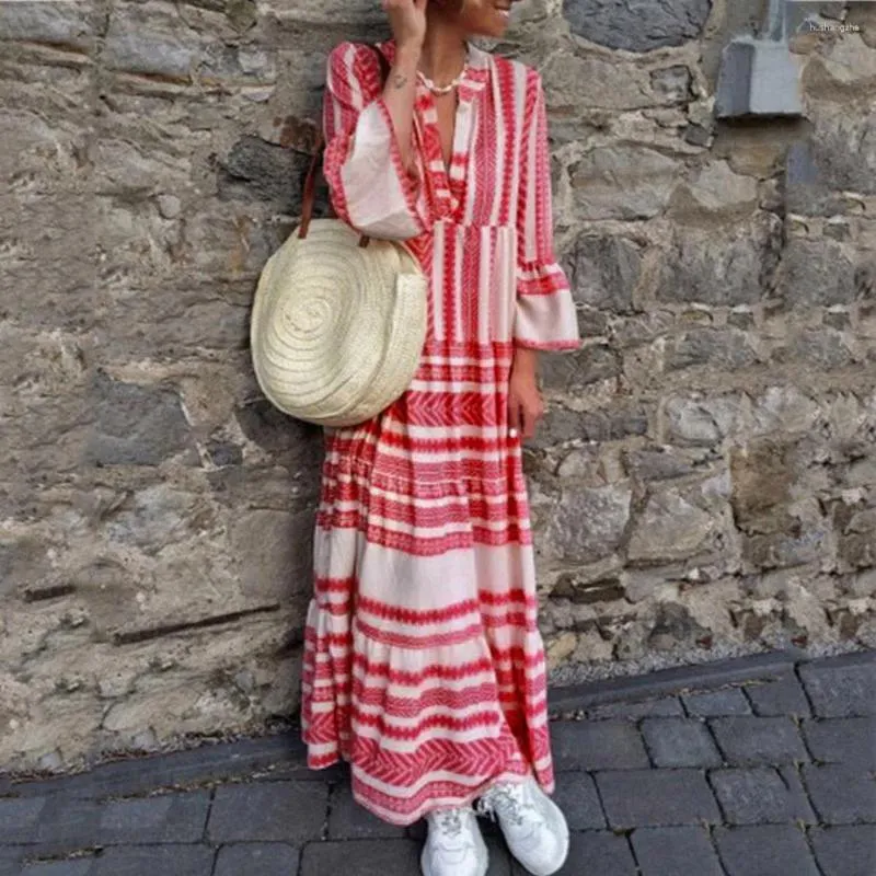 Elegant Striped Maxi Dress with Flare Sleeves and Ruffles for Women