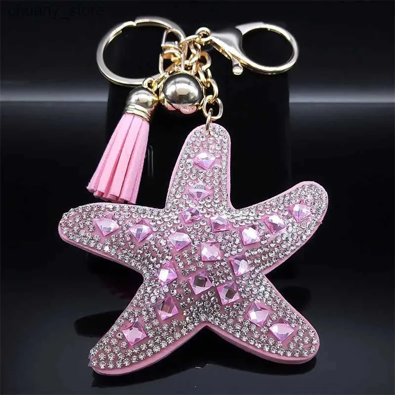 Keychains Lanyards Seastar Pink Color Tassel Crystal Keychain for Women Men Star Key Ring Bag Accessories Jewelry porte clef femme K4924S01 Y240417