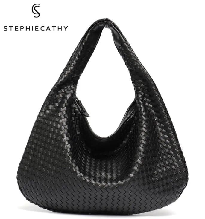 SC Märke Vegan Leather Hobo Bag Handmade Woven Case Female Handbag Big Capacity Patchwork Zipper Women Axel Väskor 2201193403933