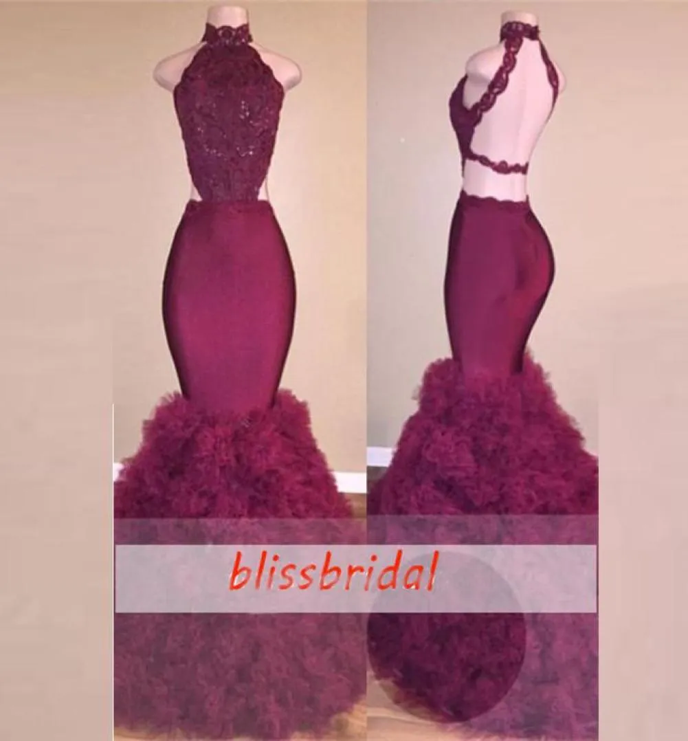 Glamouröse Abendkleider hoher ärmelloses geschnittene Seiten für Mermaid Prom Kleid Burgund Lace Criss Cross Backless Long For3579592