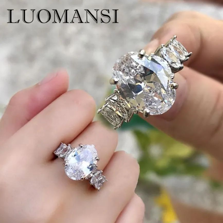 Anillos de joyería de plata Luomansi S925 Luxury Grandeo de diamante ovalado Anillo de compromiso de diamantes Super Fash para mujeres Cluster158r