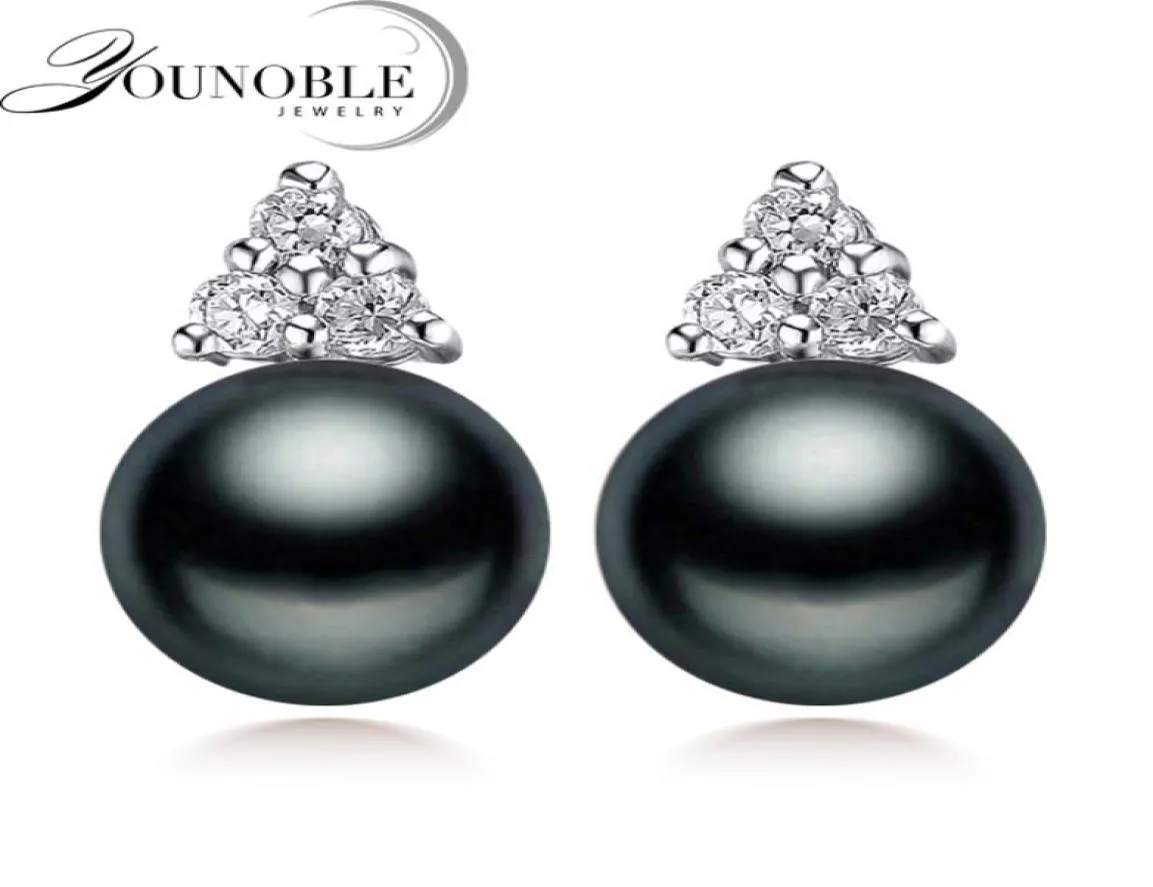 Véritable boucles d'oreilles noires étalons pour femmes à la mode d'eau douce 925 Bijoux d'oreille en argent Gift 9405001