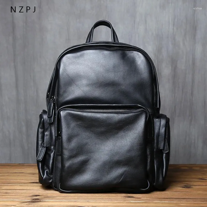 Backpack NZPJ Leather Men's Natural Cowhide School School Travel Bag Capacidade de moda preta Laptop de 16 polegadas